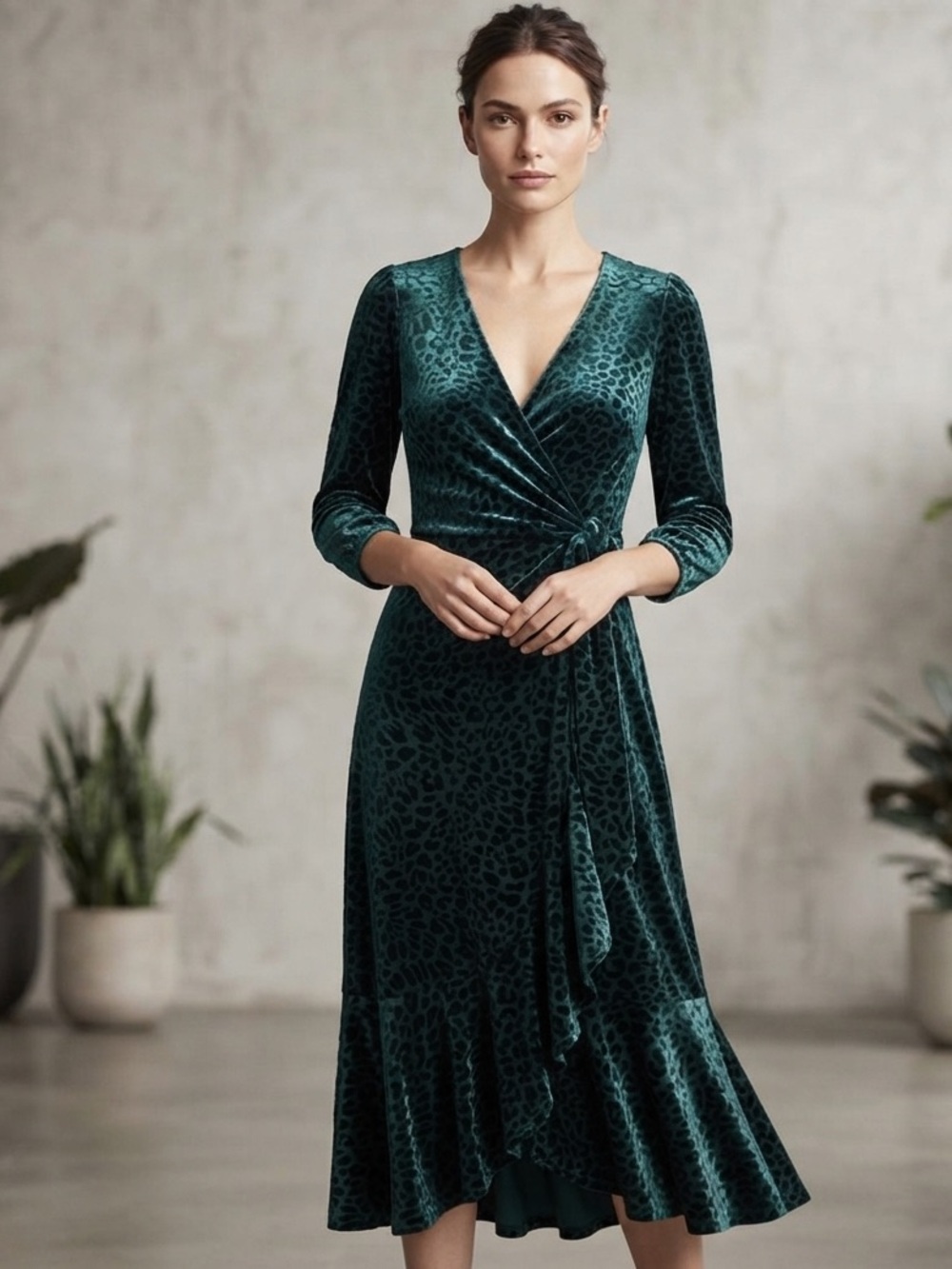 Calvin Klein Green Velvet Burnout Leopard Print Faux Wrap V Neck Midi Dress 6 - Picture 1 of 12